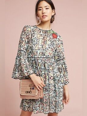 Anthropologie Bhanuni Libra Embroidered Mini Tunic Dress in Green Size 4